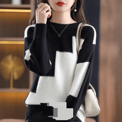 Women's Clothing Winter New Style Sweater Women's Round Neck Colorblock Short Sweater Soft Waxy Sweater Loose Pullover Knitted Bottoming Shirt
