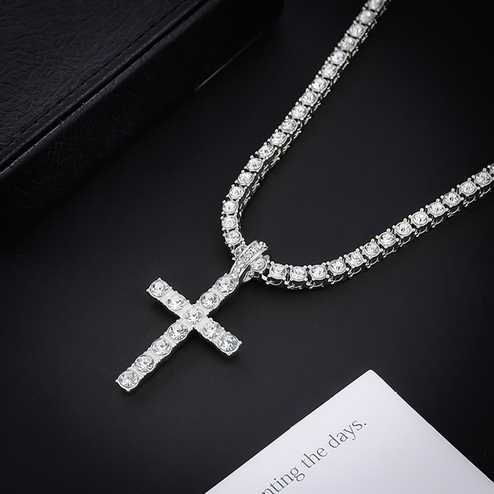 Hip Hop Alloy Inlaid Pendant 4mm Single Row Diamond Tennis Chain Necklace Cross