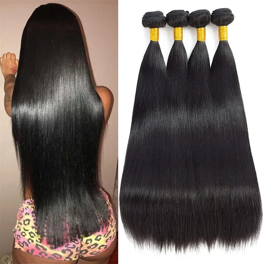 Brazilian Human Hair Straight Bundles 28-32 Inches Long Natural Black Color Weave Deal 1/3/4 PCS