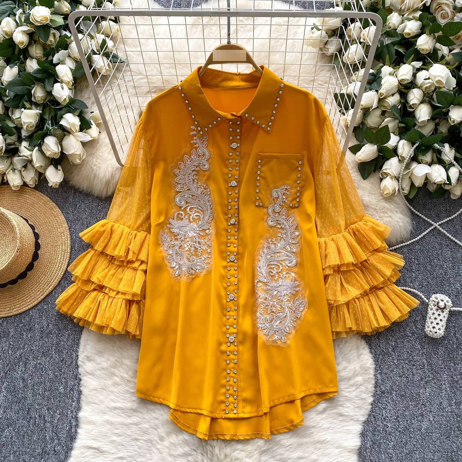Elegant Embroidered Blouse With Rhinestone Detailing, Lace Trim & Flounce Hem – Stylish Long Sleeve Peplum Top For Women In Chiffon & Satin Blend