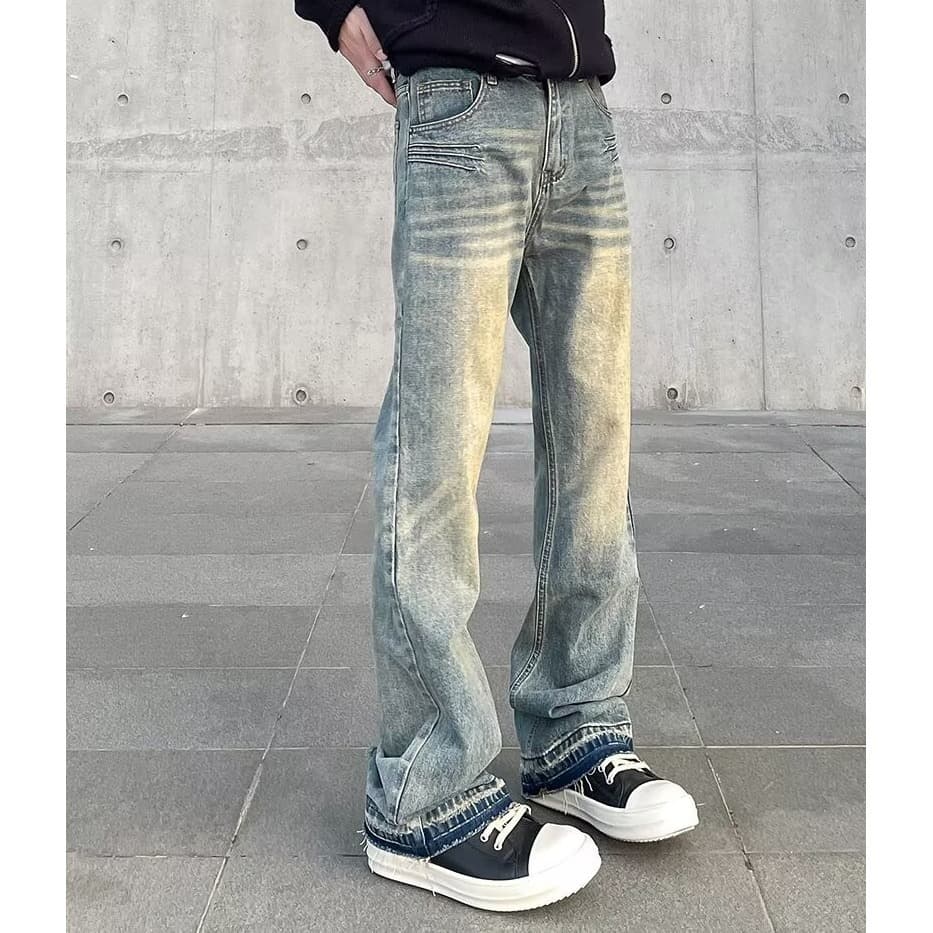 Men's Vintage High Street Vibe Washed Straight Leg Bootcut Jeans - Retro Yellow Mud Dye Denim Pants