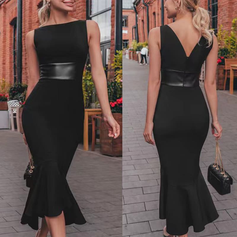 Women's one-line collar slim hip-hugging fishtail dress