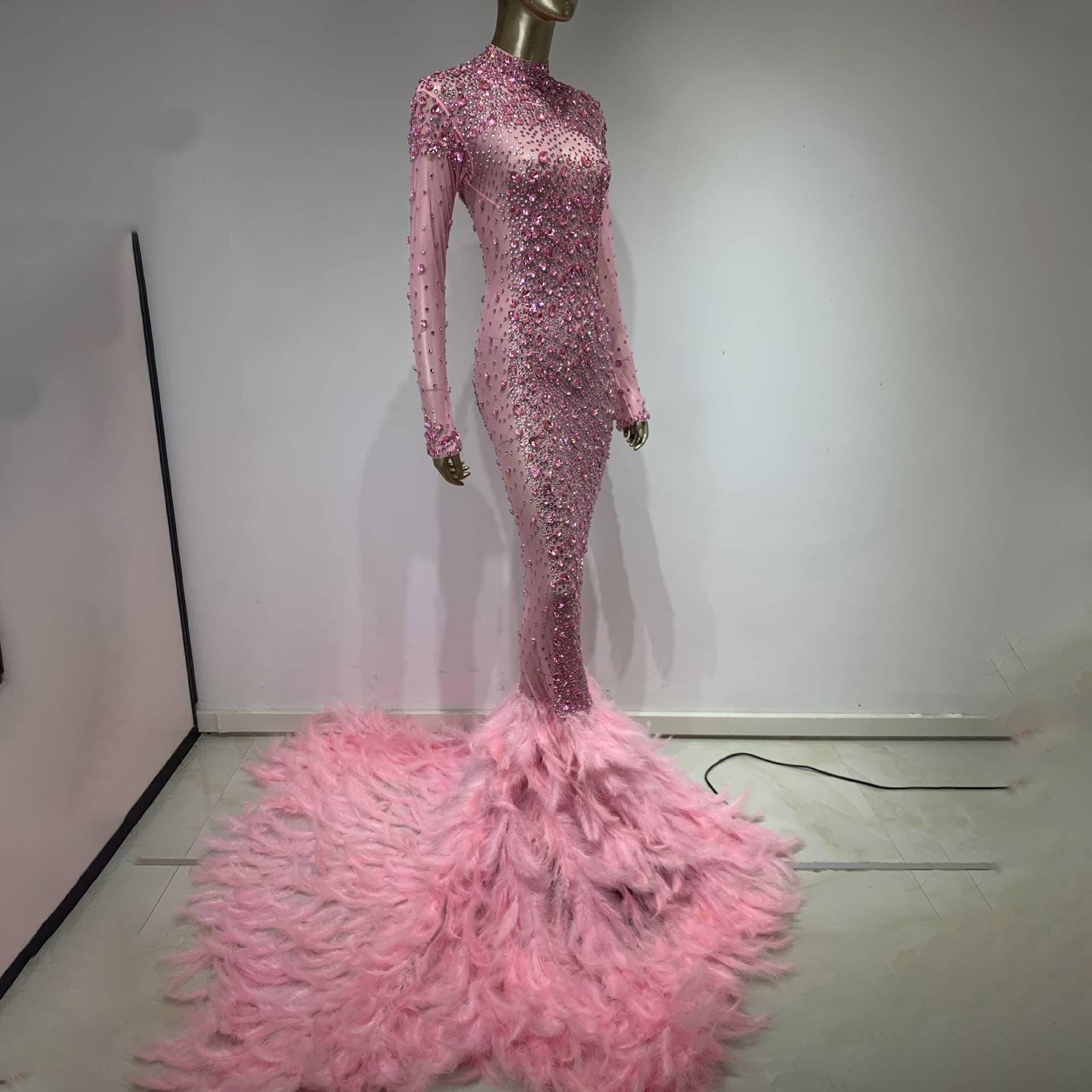 Women's Luxury Rhinestone Mesh Stitching Feather Floor-length Dress Party Dress Stage Performance Clothing