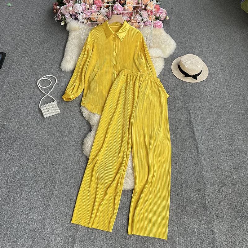 Embroidered Blouse & High-Waisted Wide Leg Pants Set – Casual Elegance For Autumn (Blush/Pink/White/Black/Red, One Size Fits Most)