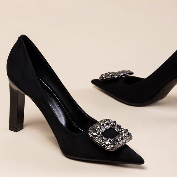 Women’s Shoes new French style high end square toe shallow mouth high heels thick heels temperament medium heels rhinestone single shoes for women