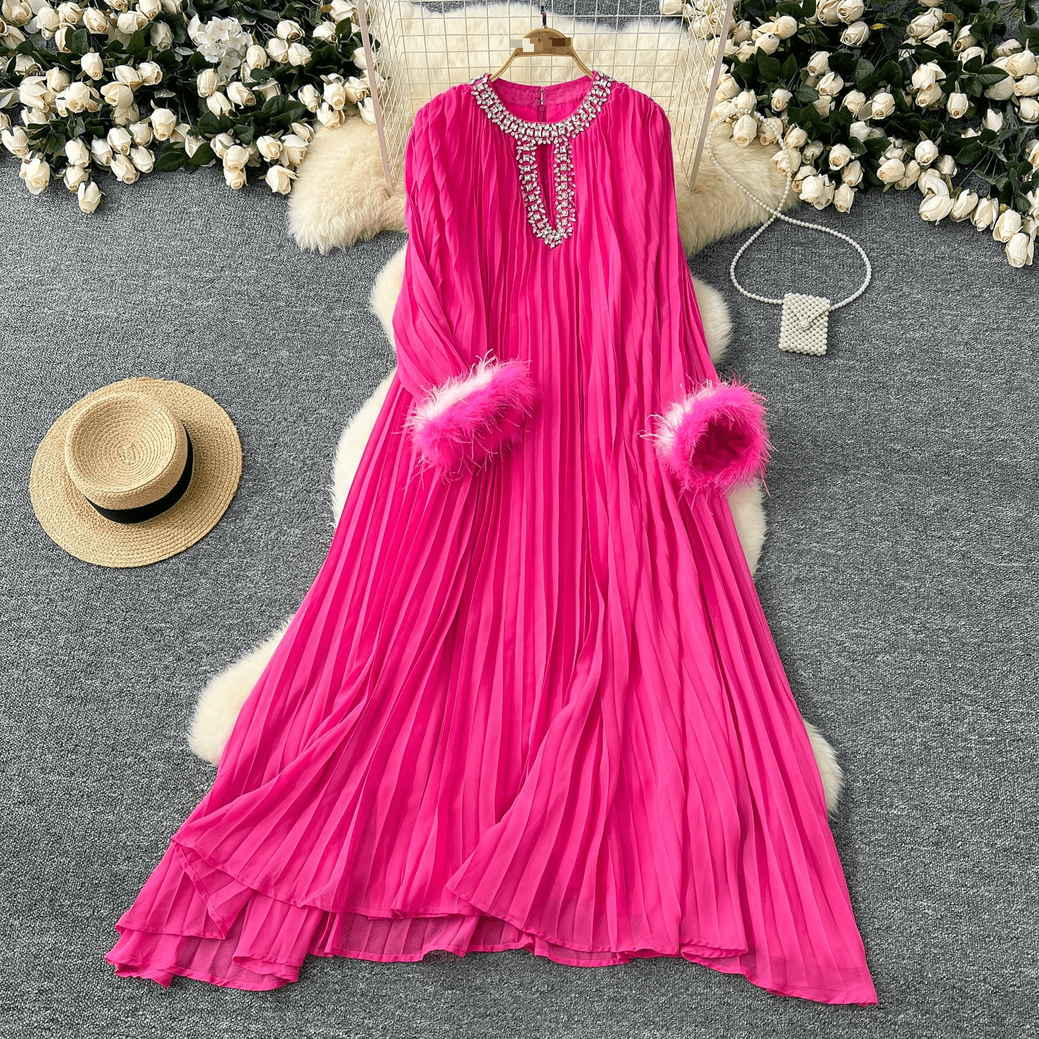 Women's Clothing autumn new elegant solid color dress round neck diamond inlaid loose fur splicing pleated long skirt