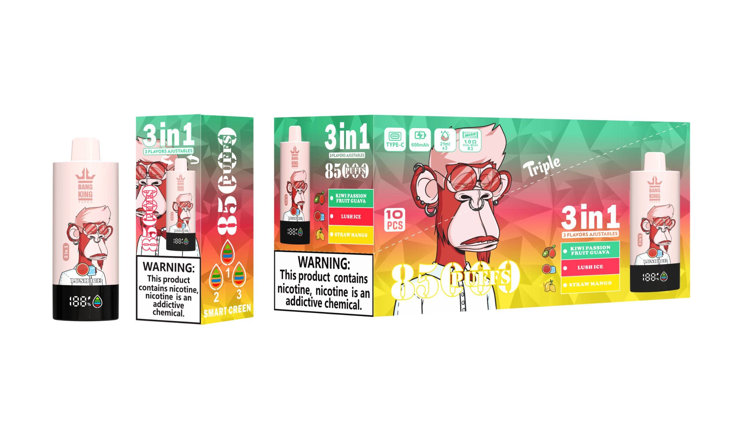BangKing 85000 Vape jetable Puff 85k 3 en 1 avec écran LCD (lot de 3)