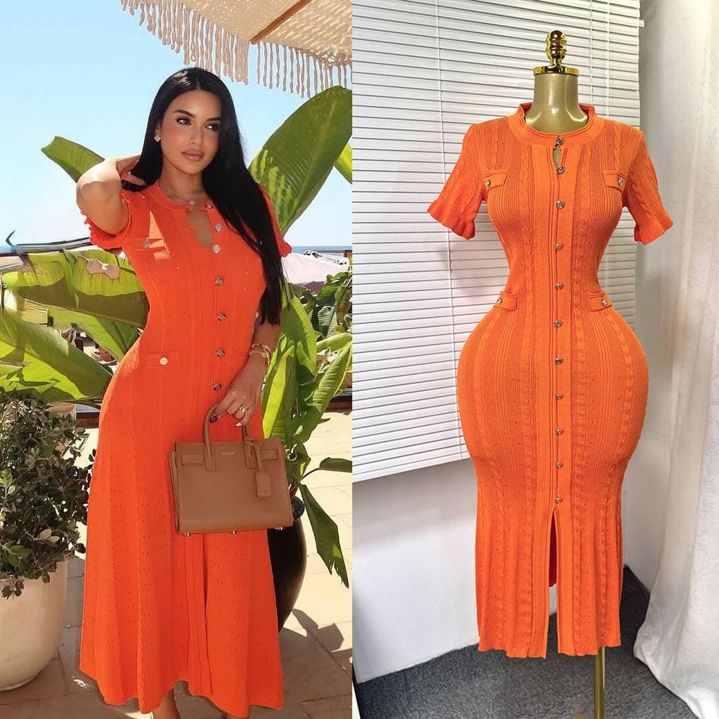 Women's European American Style Knitted Dress Summer Slimming Design Single-Breasted Hollow Out Long Skirt Elegant Simple Temperament