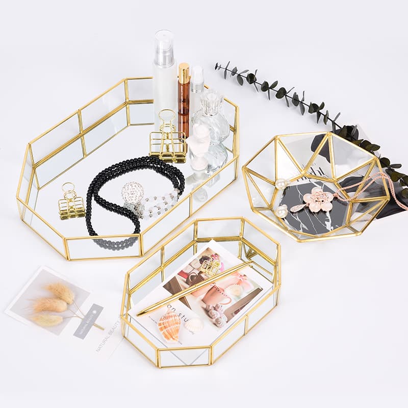 Nordic style glass storage tray, brass home storage tray, metal cosmetic jewelry tray, desktop storage box