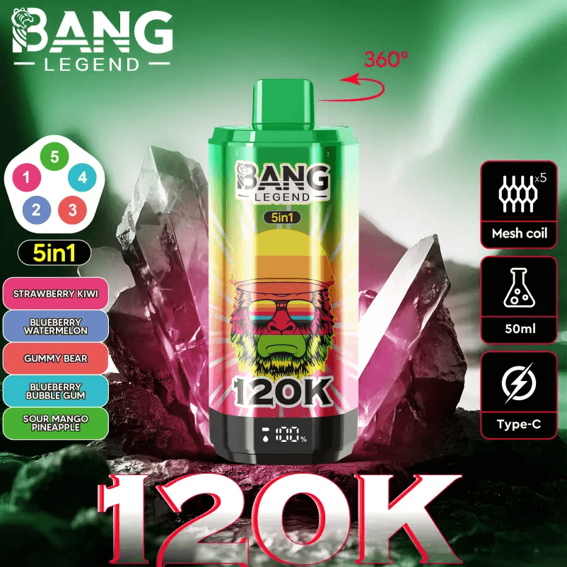 Bang Puffs Legend 120k 120k, cigarette électronique jetable 5 en 1 avec écran LED intelligent (lot de 2).