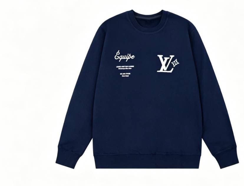 Sweat-shirt unisexe LV à col rond, double imprimé graphique sur le devant : lettres cursives EQUIPE et logo étoile LV. Pull à manches longues, st