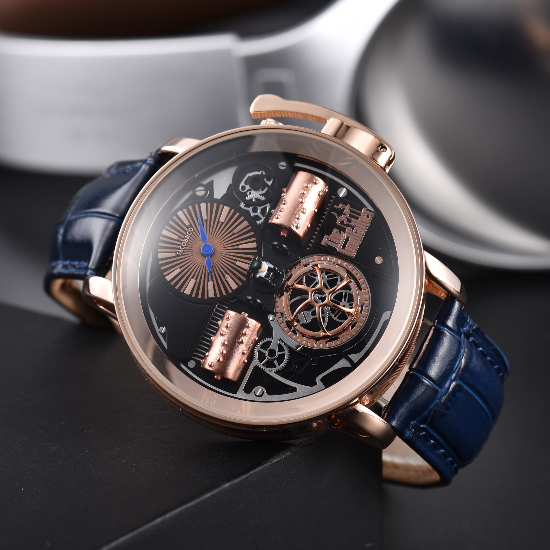 Montre homme Le Parrain de l'Opéra, édition limitée, cadran squelette, quartz, boîtier en or rose et acier, bracelet crocodile, pièce de collect