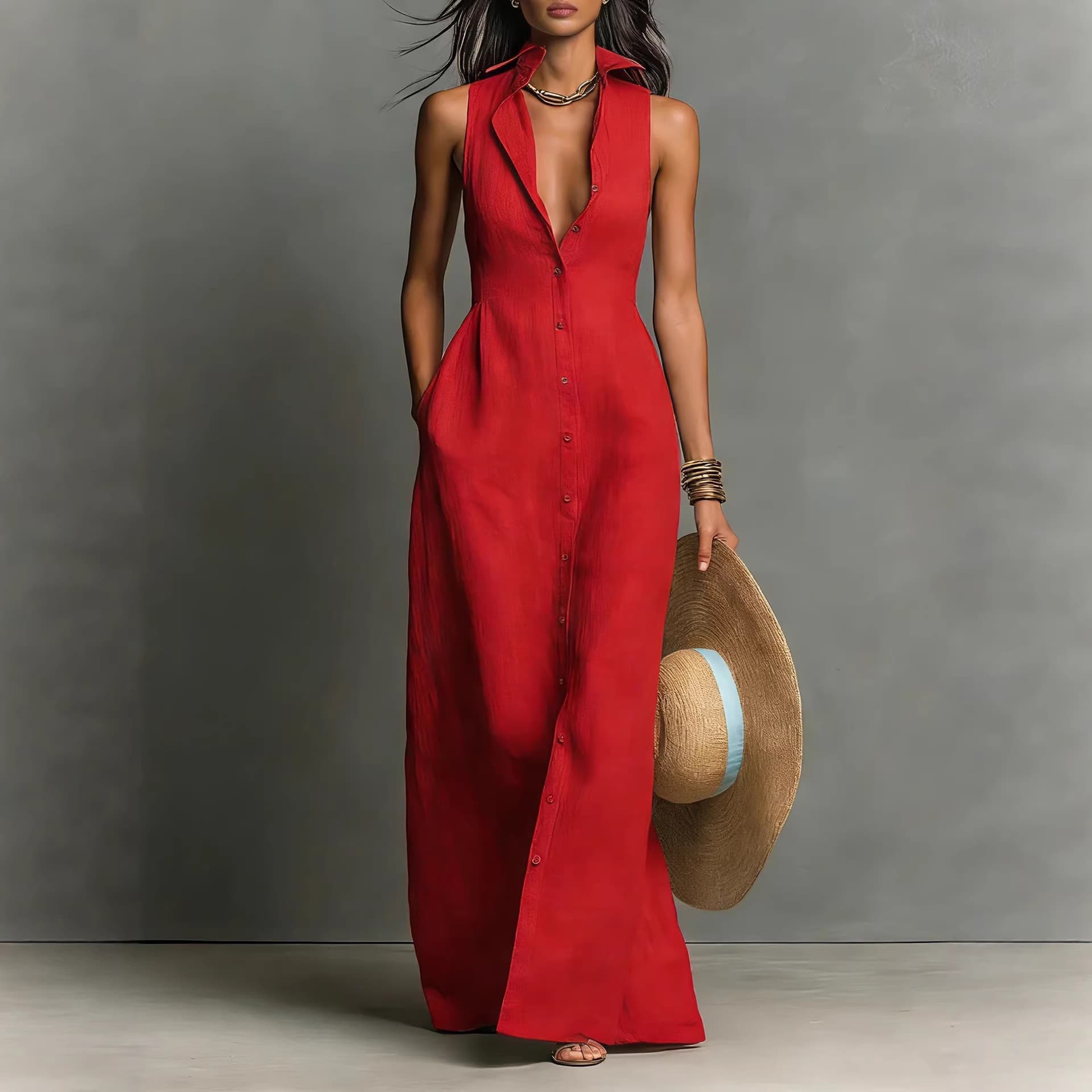 Summer Button Down Dress Women's Sleeveless Shirt Collar