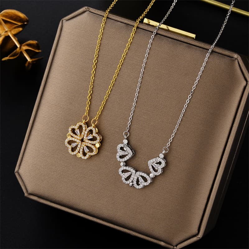 Full of diamonds and small hearts, a multi-wearing heart four-leaf clover necklace for girlfriend titanium steel clavicle chain temperament gift
