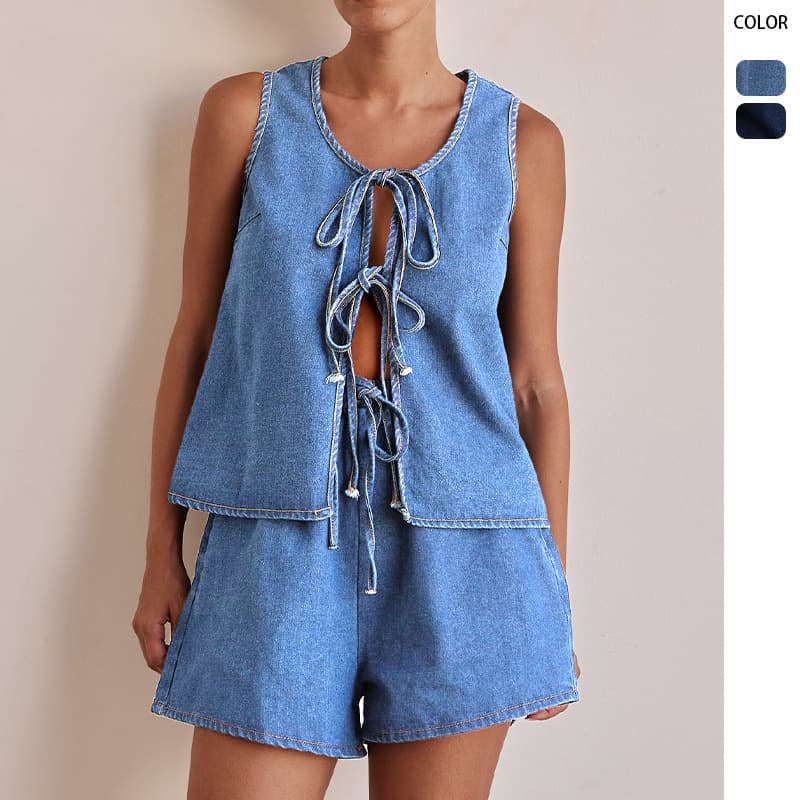 Women's Clothing Summer Fashion Casual Sleeveless Lace-up High Waist Women's Vest Denim Suit Shorts