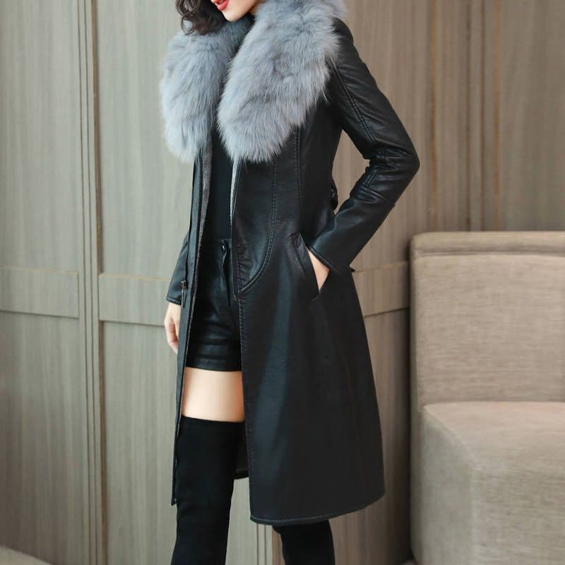Women's Clothing Large Fur Collar Fur Coat With Cashmere Thickening Medium Long Slimming Waist Leather Coat