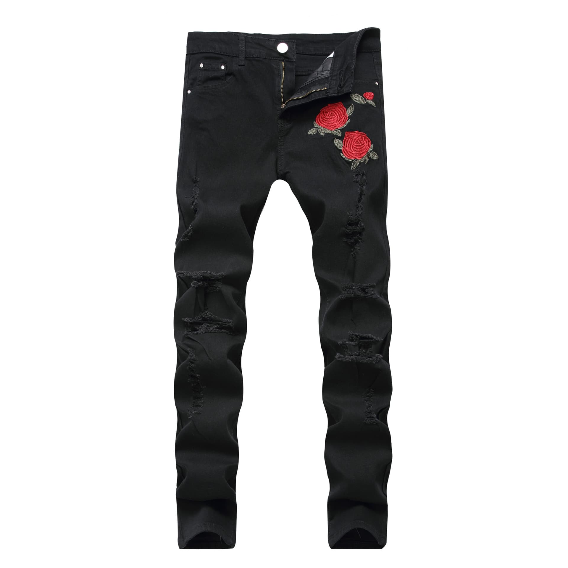 Men's Clothing new men's embroidered rose denim ripped black pants slim fit feet elastic trousers
