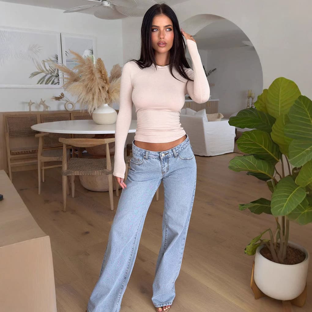 Women's Clothing Low Waist Jeans Fashionable Retro Straight Pants Loose Denim Trousers