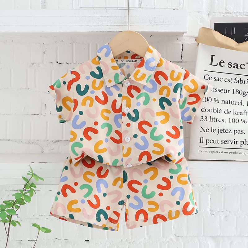 Cross Border Boy Summer Short Sleeved Children's Flower Shirt Full Print Letter Short Sleeved T Shirt Shorts 2 Piece Set