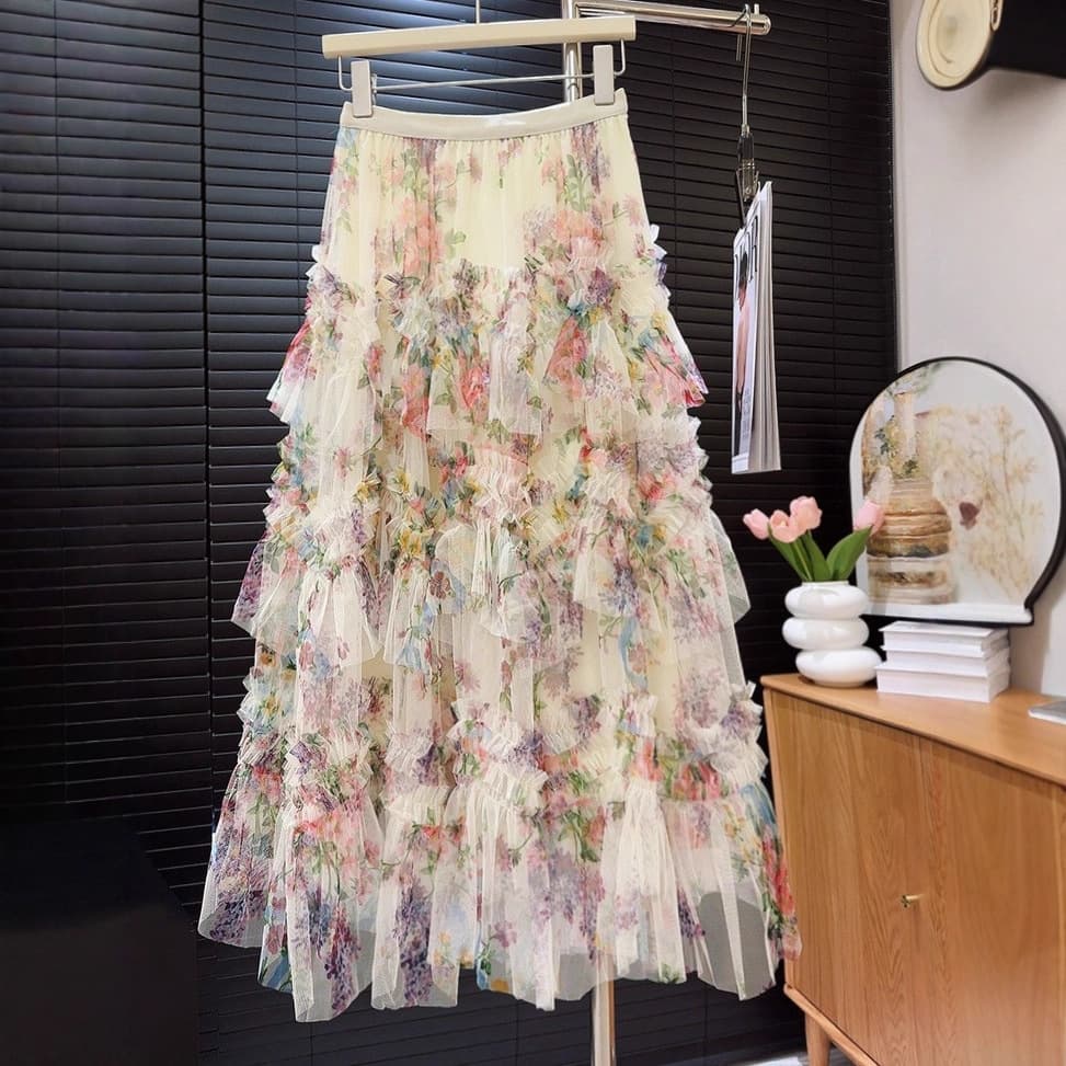 European And American Cross-border Patchwork Printed Mesh Cake Women's Floral Fluffy Long Skirt With Large Hem