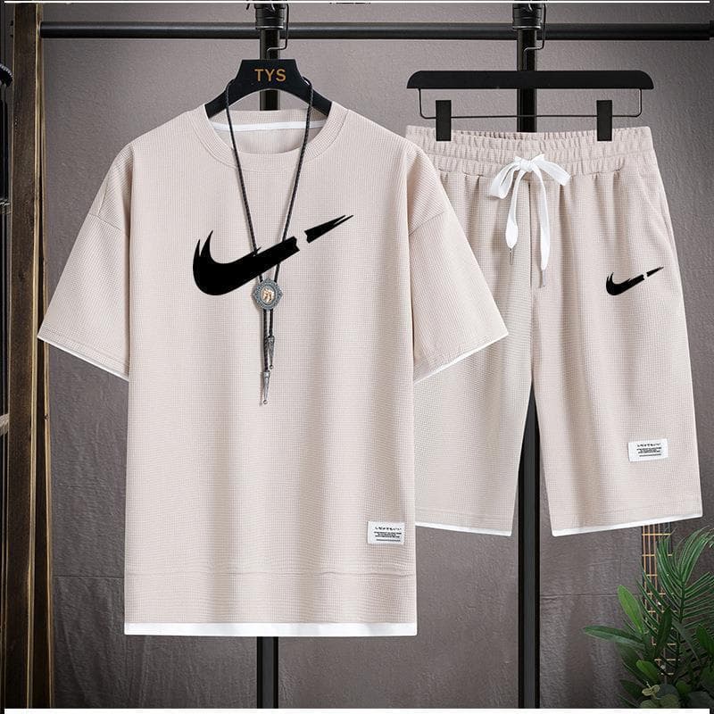 Gaufre T-shirt hommes deux pièces ensemble Couple ample mode grande taille 5/4 pantalon extérieur décontracté