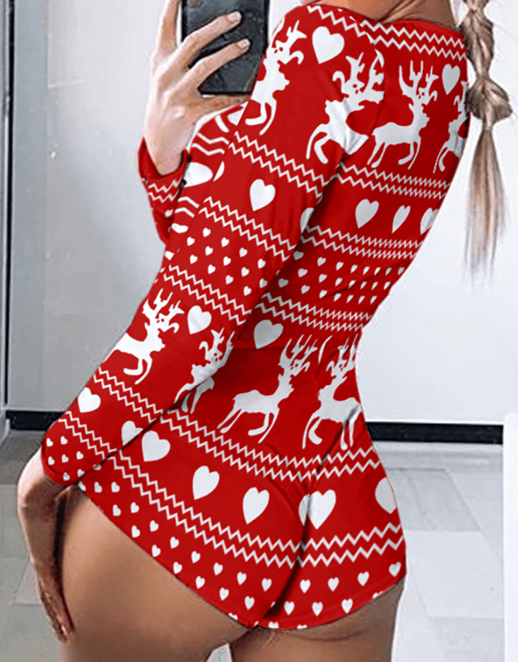 Women's Clothing Red Christmas Print Sexy Tight Jumpsuit Shorts