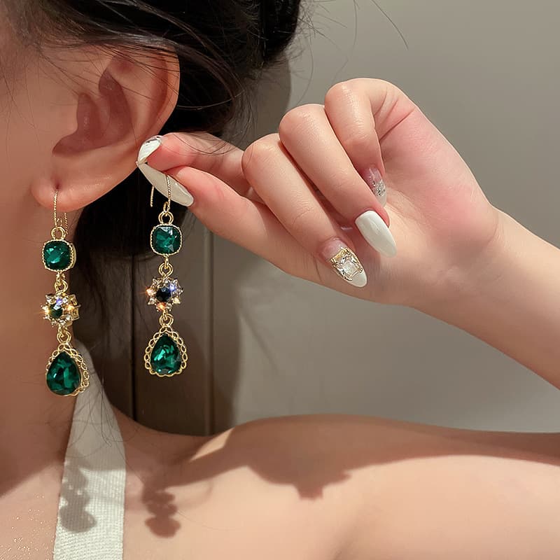 Designer style long emerald ear hook earrings, water drop flowers, vintage earrings, elegant and luxurious earrings for women