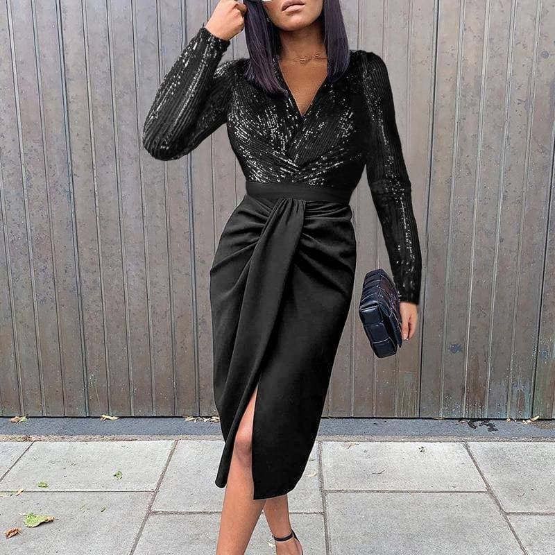 Women's Clothing sequined mid length fashionable v neck dress Sequined sexy waist and hip evening dress