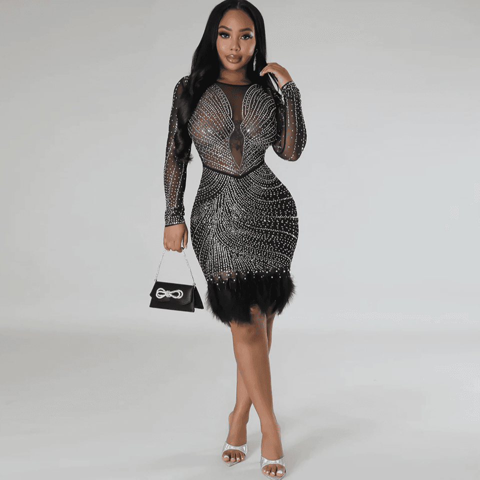 Sexy see through rhinestone long sleeved dress European and American fashion party evening dress