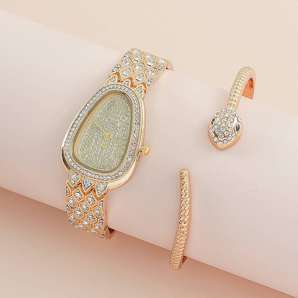 Fashionable Women's Snakehead Full Of Diamond British Watch + Personality Bracelet Set Night Bright Diamond
