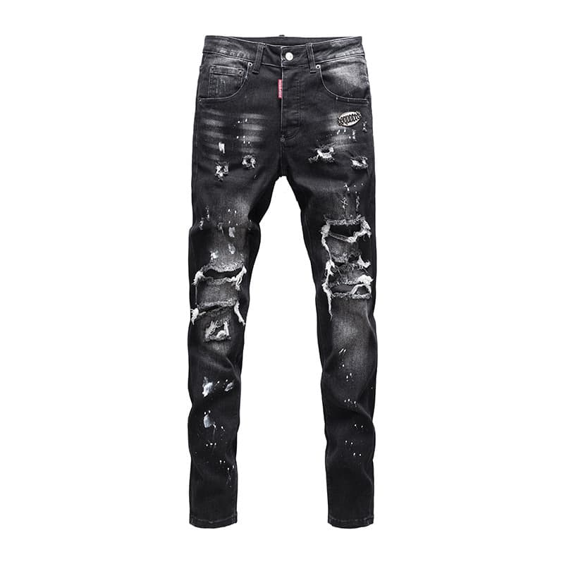 Men's Clothing Luxury Ripped Patch Jeans For Men Slim Fit Skinny High Waist Elastic Casual Trousers Nostalgic Washed