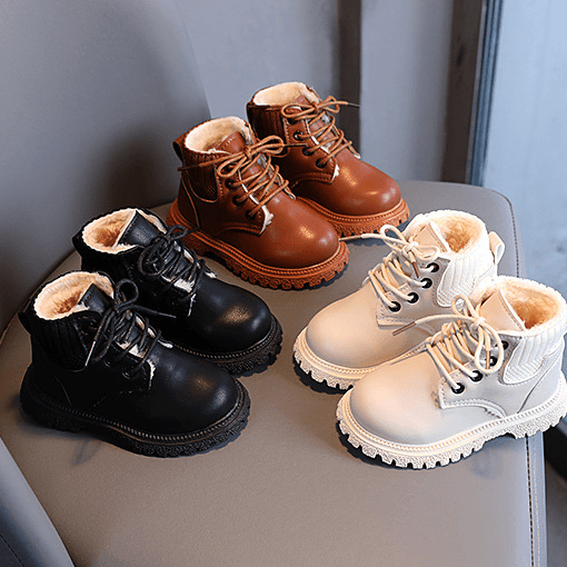 Children's boots Winter solid color plus fleece ankle boots Boys fashion girls soft-soled boots Large cotton leather boots
