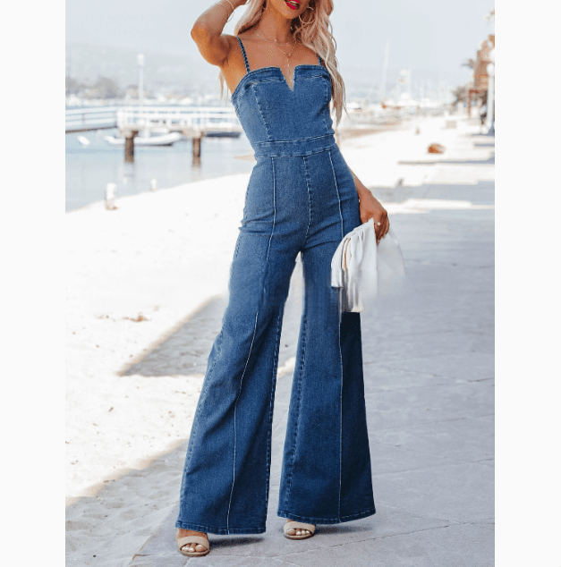 Women's Clothing Cotton Washed Blue Denim Suspenders Tight Flared High Elastic Trousers