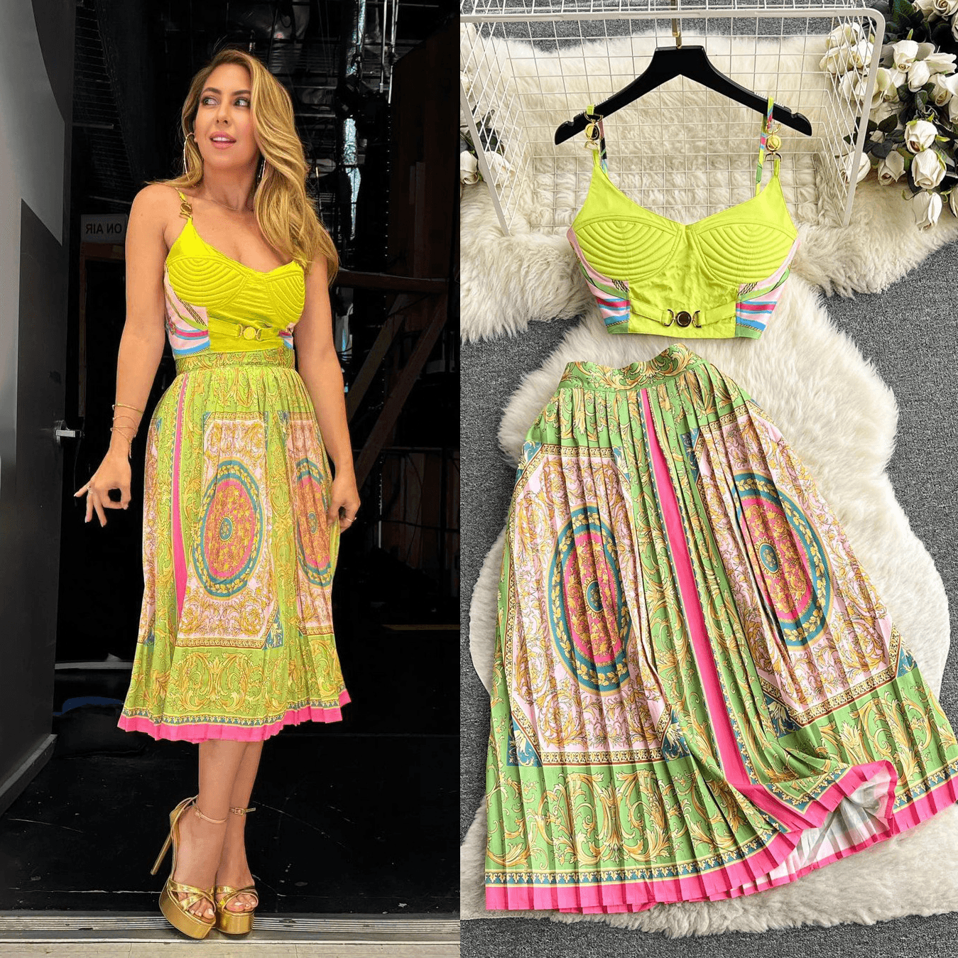 Women's Clothing Printed Suit Short Top Camisole High Waist Pleated Skirt