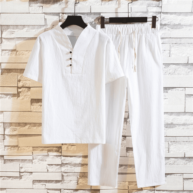 Men's Clothing Linen Short Sleeved T Shirt Suit Retro Cotton And Linen Large Size T Shirt Nine Point Pants Set