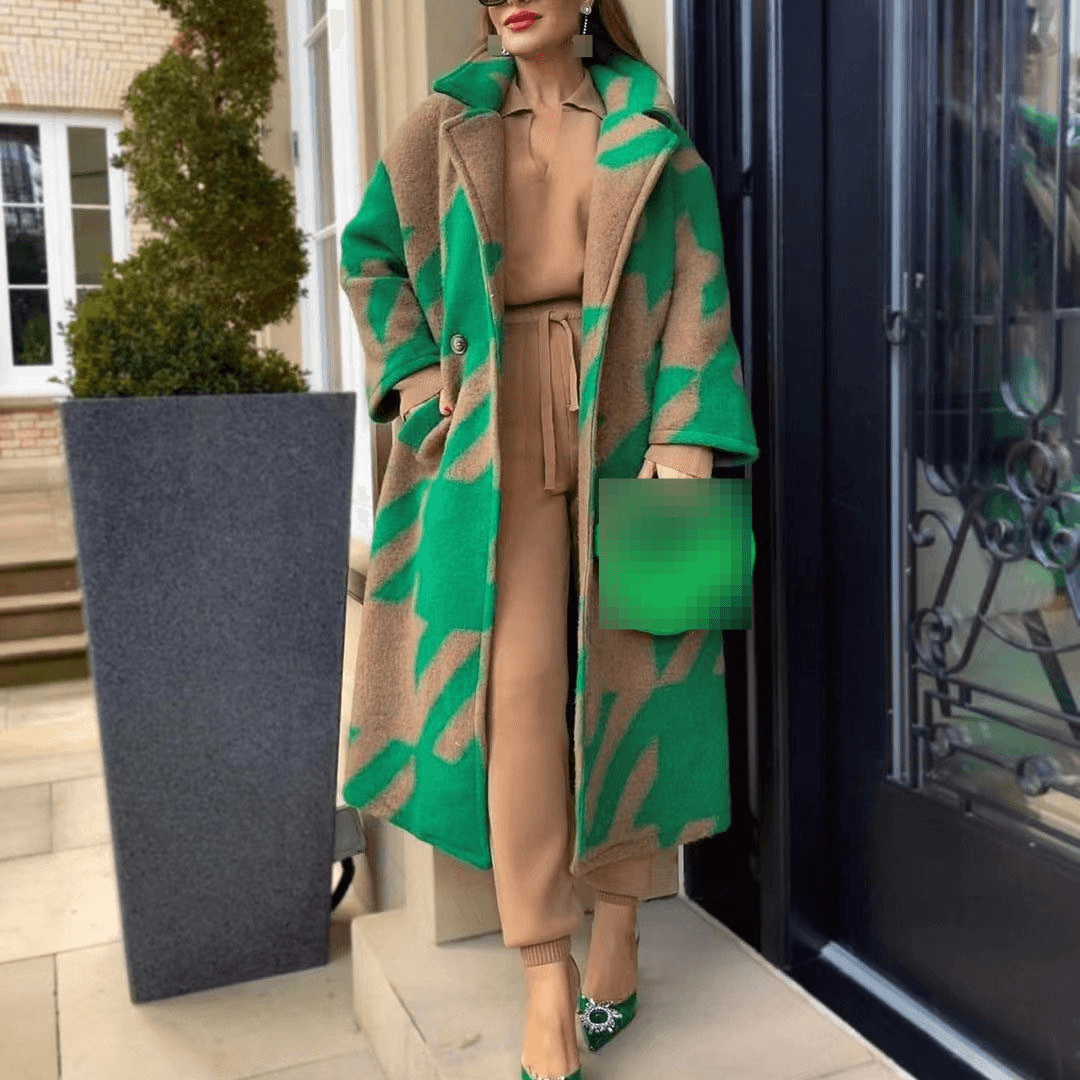 Women's Cothing Various Color Matching Fashion Long Sleeved Lapel Coat Printed Woolen Coat