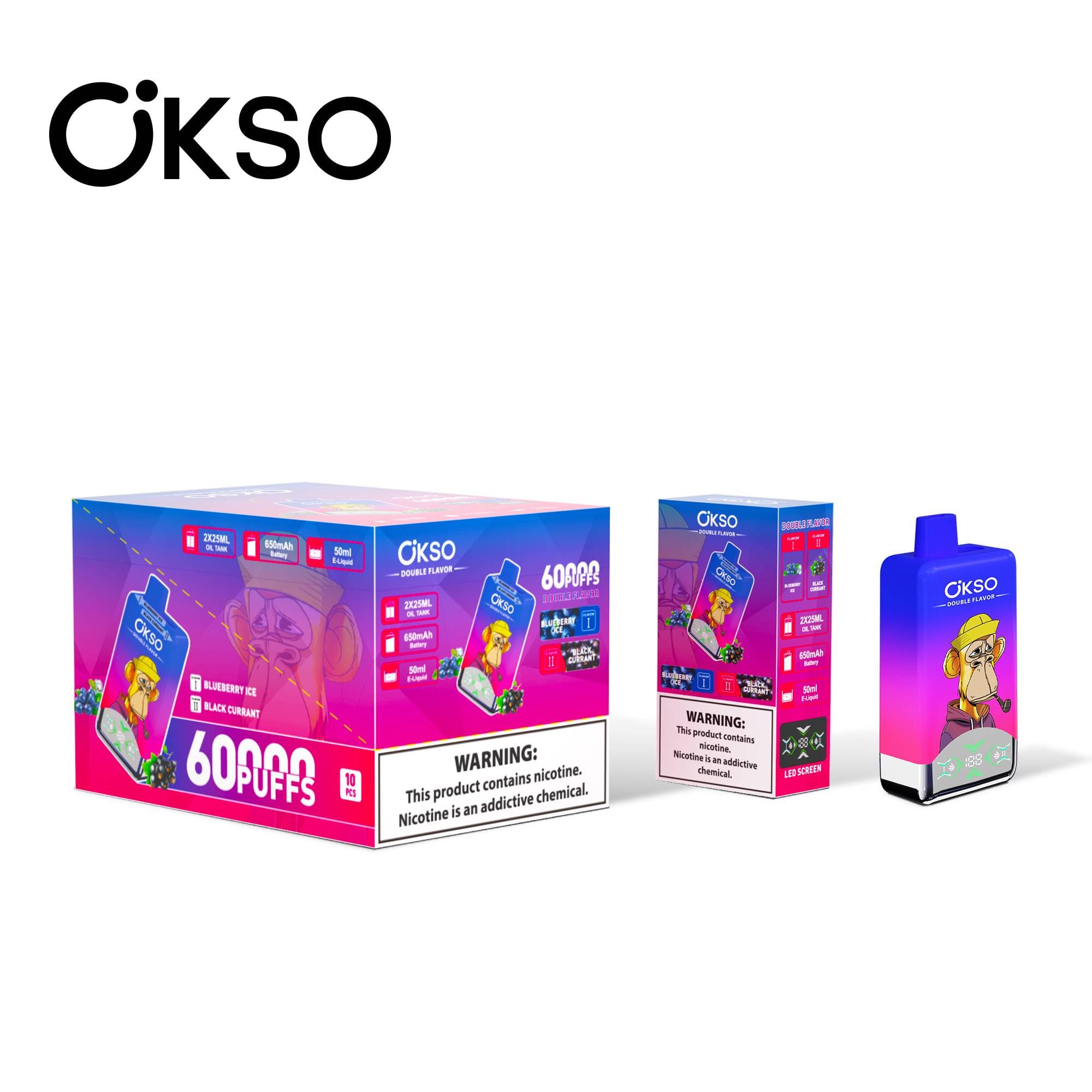 Batterie 650 mAh OKSO Double Saveur 60 000 bouffées 60 000 vape 10 résistances Mesh Double Saveur Écran LED Cigarette électronique jetable