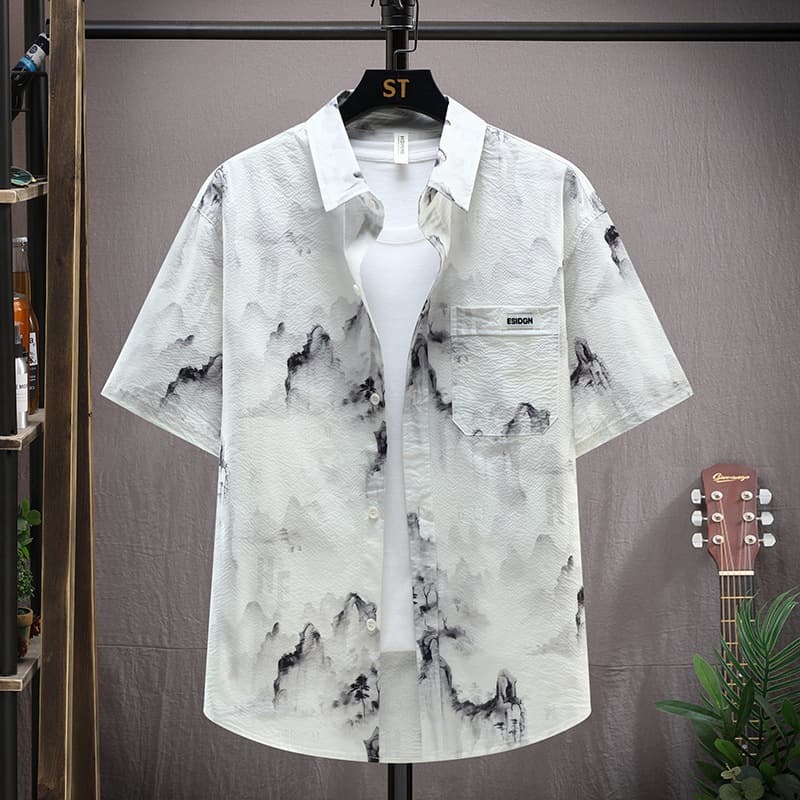 Men's Clothing Summer Lapel Casual Short Sleeved Shirt Youth Trendy Personality Simple Ice Silk Shirt
