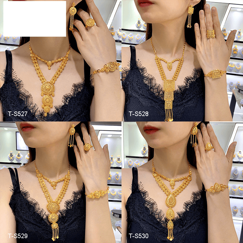 Gold jewelry set bride wedding necklace bracelet Earrings ring