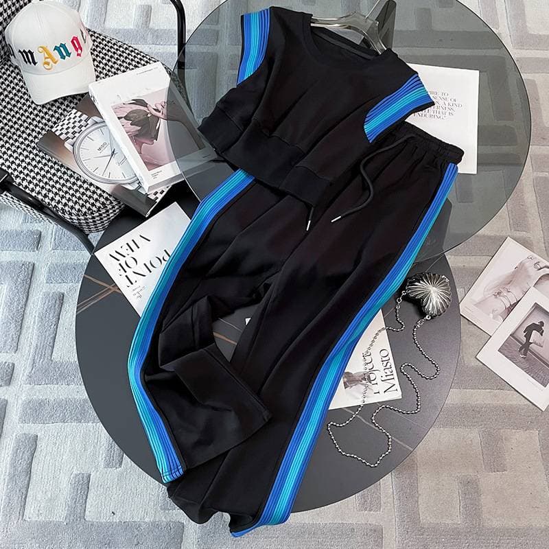 Women's new style fashion age-reducing contrast color round neck sleeveless top wide leg pants two-piece suit