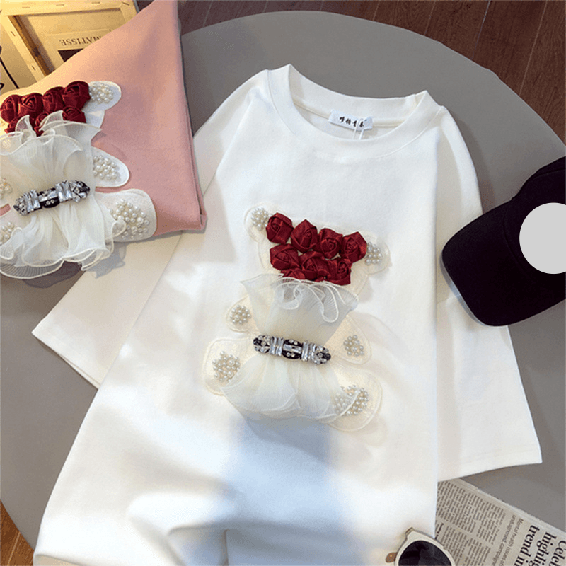 Women's Clothing High end bear niche design heavy duty short sleeved T shirt for women 2024 summer new style hot diamond top trend