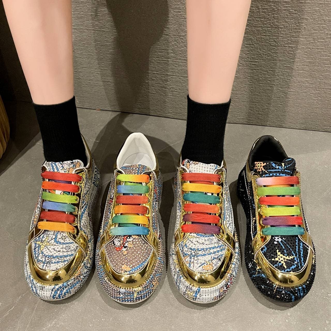 Women's Shoes Spring/Summer New Style Fairy Style Heavy Rhinestone Colorful Lace Up Thick Sole Casual Sports Sneakers