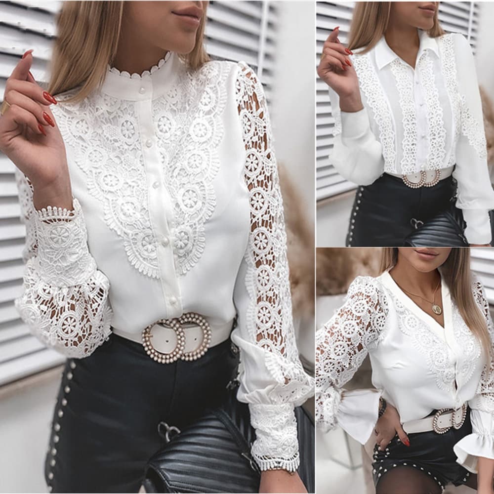 Women's Clothing Solid Color Lace V-neck Cardigan Shirt