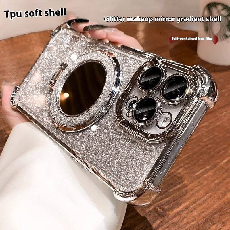 Glitter Mirror Magnetic Stand Case For IPhone 15/14 - Transparent Soft TPU With Reinforced Corners & Electroplated Finish​​