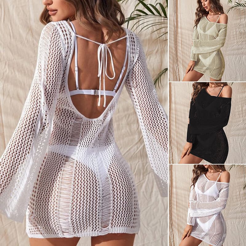 Women's Beach Skirt Knitted Openwork Backless Sexy Long Sleeve Hip Bikini Female Shame.