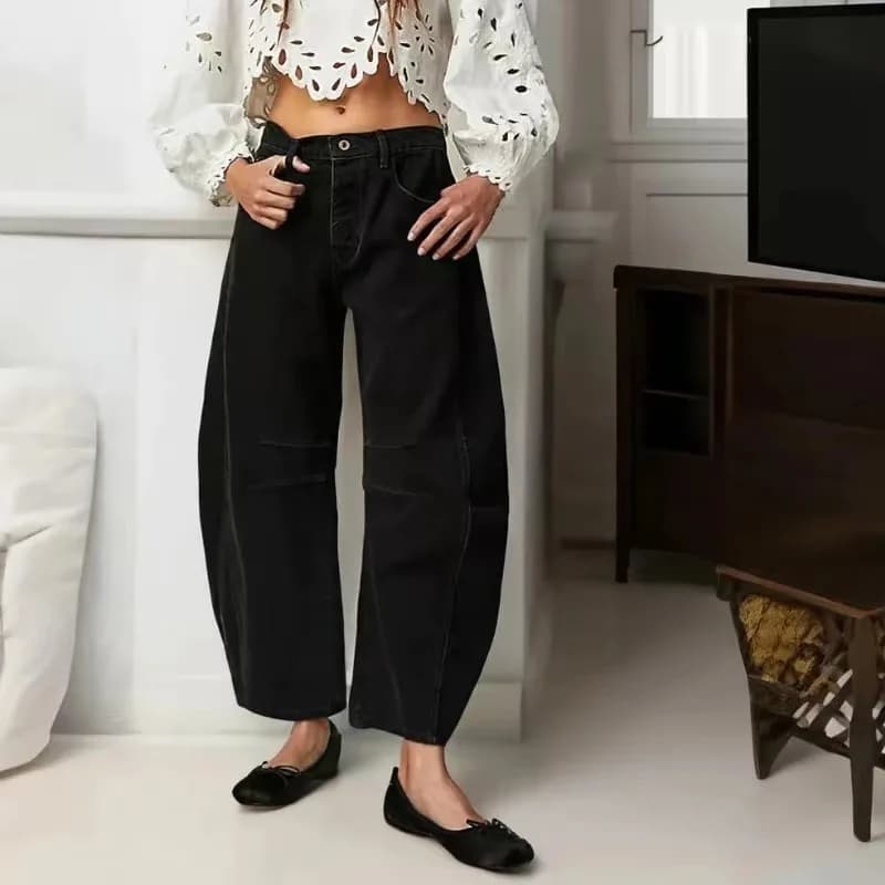 hot selling Women Vintage Waist Wide Casual Loose Boyfriend Denim Cropped Pants Straight Leg Mid Rise Y2k Barrel Jeans