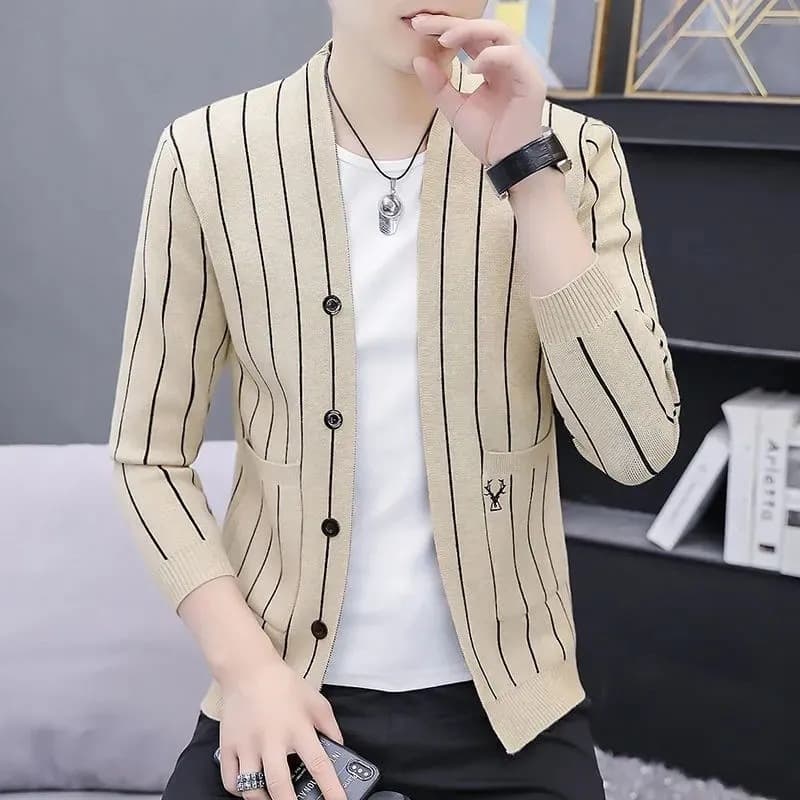 Men's Clothing autumn new knitted cardigan personality handsome striped temperament youth fashion trend jacket tops men