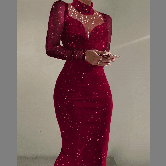 Women's sexy casual party Mesh stitching hot diamond dress