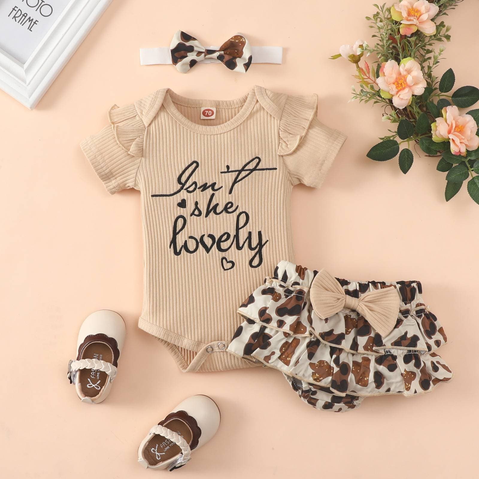 Baby Summer Hoodie Shorts Set For Girls - Short Sleeve Letter Triangle Tunic With Butterfly Knot Leopard Print Shorts Set