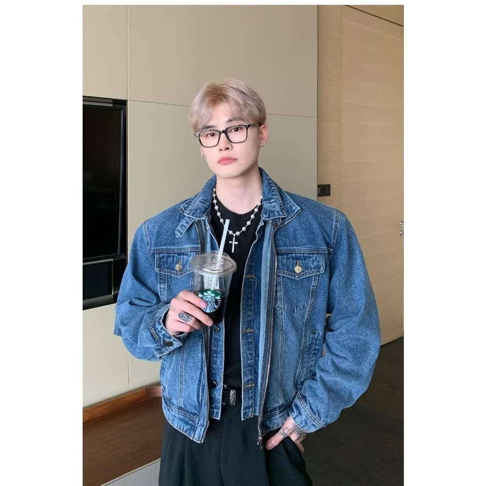 Men's Clothing Men's Denim Jacket With Stand Collar, Casual Loose Fit Vintage Coat, Trendy Streetwear Blue Distressed Jeans Jacket For Men